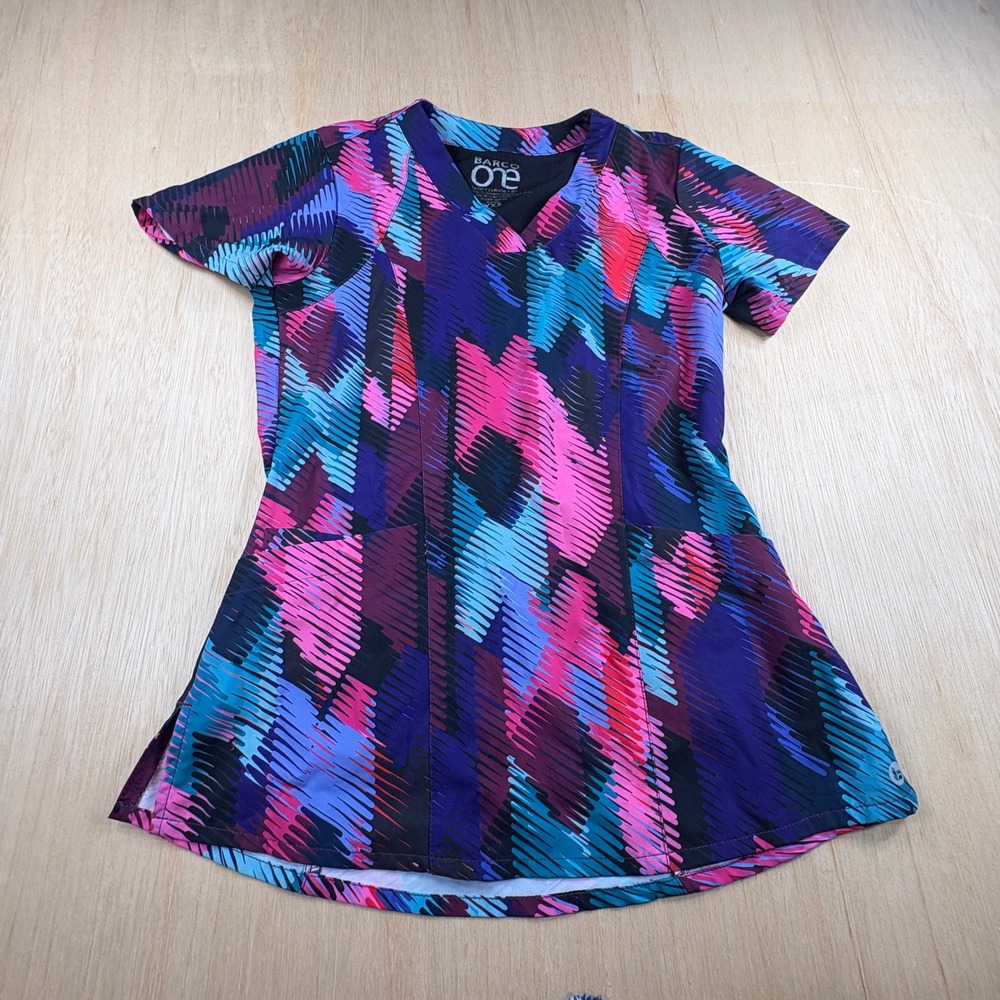 Barco One Womens XXS Scrub Top V-Neck Abstract Geometric Pink Purple Blue Print